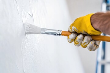 Workers plastering white wall in renovation process	
