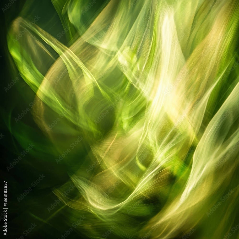 Poster abstract motion: a dreamlike dance of light and shadow with swirling green and yellow hues, creating