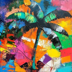 Abstract Palm Tree Painting: Vibrant Tropical Art with Bold Colors and Textured Brushstrokes