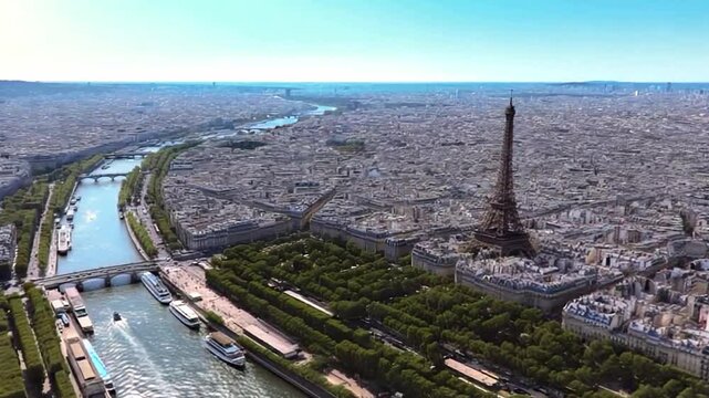 Aerial drone view of Paris with the Eiffel Tower and River Seine, panoramic cityscape showcasing iconic architecture, bridges, green spaces, and historic urban layout in 4K
