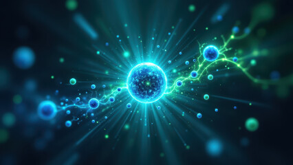 Fototapeta premium Image depicts a 3D rendering of a molecule with vibrant blue and green hues, representing magnesium glycinate, a common form of dietary magnesium supplement.