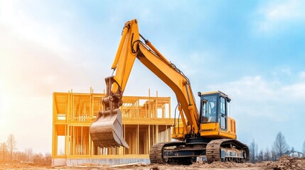 Yellow excavator at a construction site, working on a new house frame against a bright sky