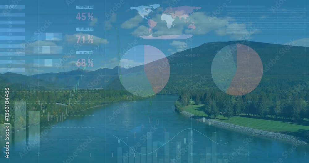 Poster data visualization animation over serene river landscape with mountains and trees