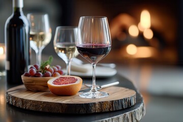 Naklejka premium Wine tasting event sommelier luxury Elegant wine setup with glasses and fruits on a wooden platter.