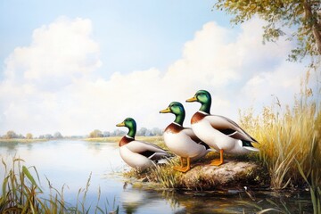 Three mallard ducks perched on a small island by a tranquil lake under a partly cloudy sky. Golden grasses and lush