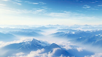 Beautiful landscape of snow-capped mountains. Panoramic view of mountainous area with peaks. Illustration for cover, card, postcard, interior design, banner, poster, brochure or presentation.