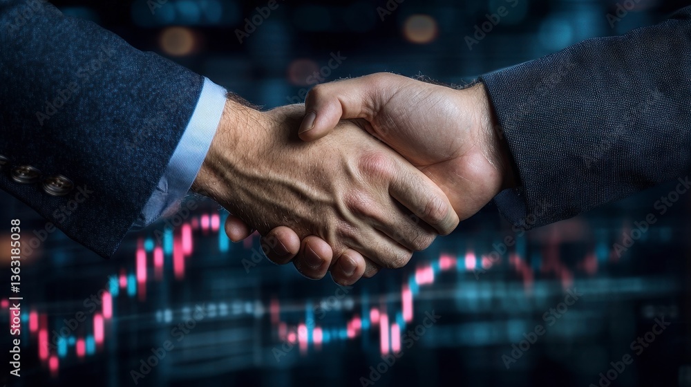 Poster close up of two hands shaking against a blurred background of financial charts in red and blue. the 