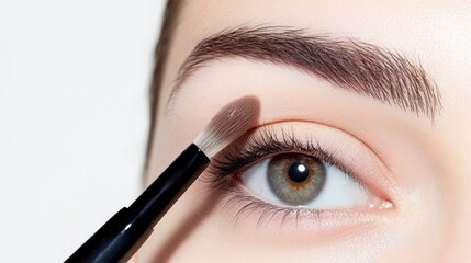 Naklejka premium Close up of a woman's eye with eyeshadow being applied using a brush. Soft lighting, neutral background