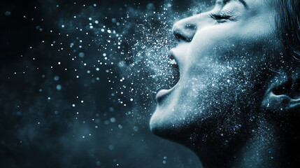 Expressive woman face screaming with particles dispersing dramatically in dark background, emotional and intense concept of stress and release feeling