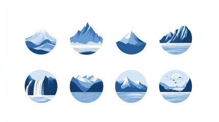 Fototapeta premium Mountain icons in blue with a water view in circles for web design, UI, and apps