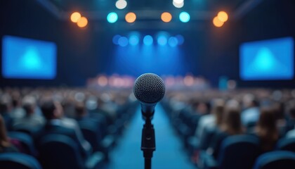 Close-up of microphone with blurred background of audience, stage, lighting in conference hall. Public speaking, speech, seminar, lecture, presentation at live event. Corporate business training.