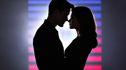 Silhouette of romantic couple touching noses, love and Valentine's Day concept, intimate connection