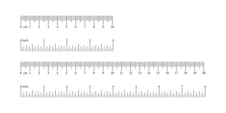 Set of ruler scales 4,8 inch and 10, 20 centimeters, markup, numbers. Measuring sticks. Distance, height, length measurement, sewing tool mockups. Measuring charts, metric, imperial units templates. 