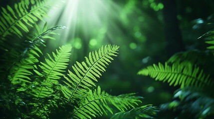 Sunlight filtering through lush green ferns, serene nature scene, relaxation, Earth Day celebration