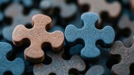 Fototapeta premium Close-up of interlocking blue and brown puzzle pieces, teamwork and problem-solving concept