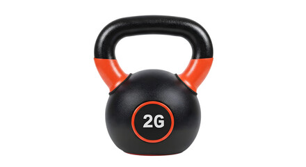 Naklejka premium Close-up of a black and orange kettlebell with a weight marking, perfect for fitness enthusiasts, exercise equipment, and gym environments