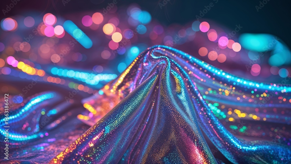 Poster shimmering fabric with vibrant colors and bokeh effect showcased in a dimly lit setting