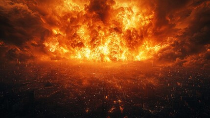 Apocalyptic Inferno: A fiery explosion engulfs a sprawling metropolis, casting an ominous orange glow across the landscape.