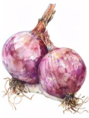 Watercolor Painting of Two Red Onions on White Background