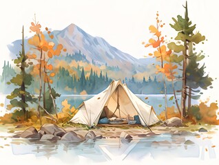 Autumn Lakeside Camping: Beige Tent Near Calm Water with Colorful Fall Trees and Mountains