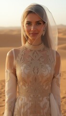 Elegant woman smiling in traditional dress against desert background  