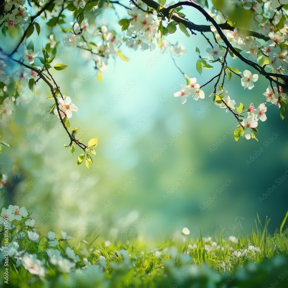 Poster enchanting springtime: blossoming branches frame a serene meadow bathed in soft light and gentle bre