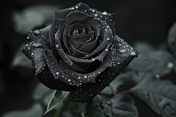 Close-up of a black rose adorned with dewdrops in a moody setting