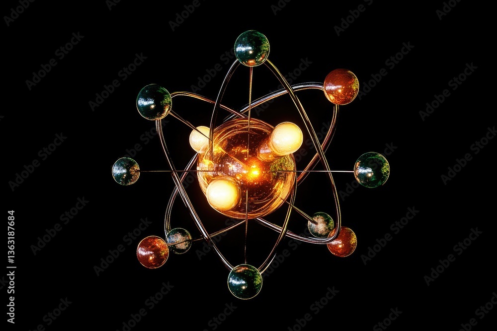 Poster atom model representation with electron orbits and bright center on black