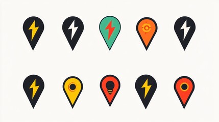 Fototapeta premium Ten location markers, some with power icons, on a flat white surface for maps or apps