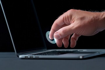 Close up of a hand interacting with a glowing digital element on a laptop screen, dark background