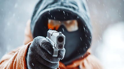 masked criminal in hooded jacket aiming handgun aggressively in snowy weather, depicting danger and threat in dramatic and intense winter scene