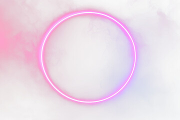 Glowing neon pink circle in smoky red and blue background.