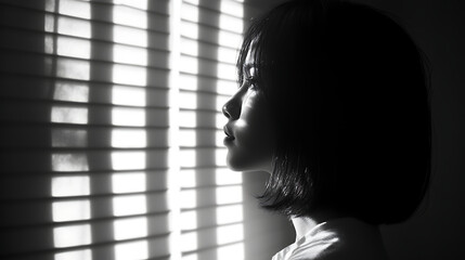 thoughtful young woman gazes through window blinds, shadows and sunlight creating dramatic monochrome portrait with contemplative mood