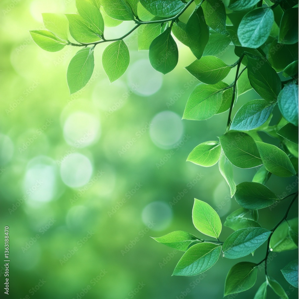 Poster fresh green leaves with bokeh light background creating a natural springtime ambiance