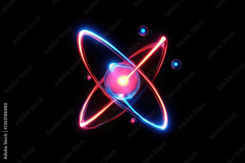 Poster visualizing atom structure with glowing orbitals on black background concept
