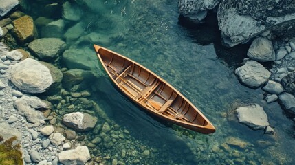 Obraz premium Serene Aerial View of Wooden Boat Floating on Calm River Waters