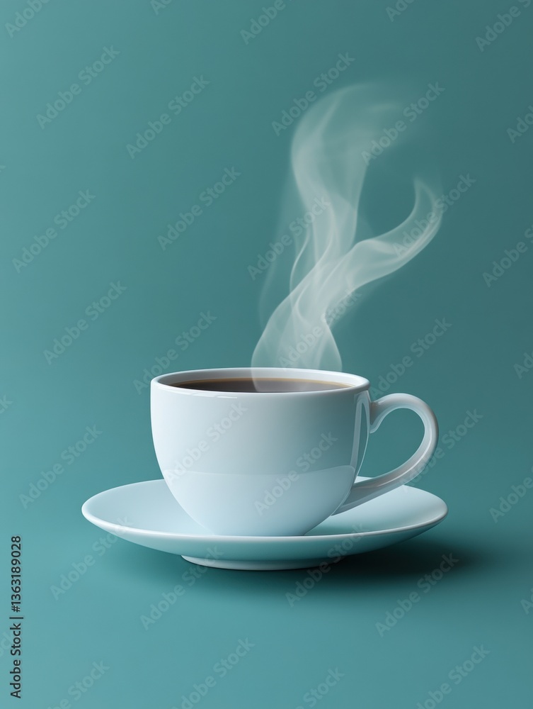 Poster elegant cup of coffee steaming on a saucer with a minimal teal background in a studio shot with a so
