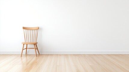 Simple light wooden chair in an empty white room