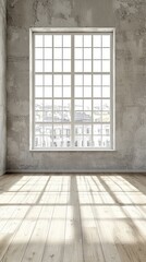 Empty room with large window overlooking city,  bright sunlight, industrial chic interior
