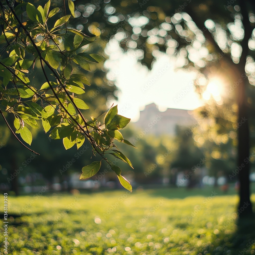 Poster golden hour in the park: sunlight through leaves and trees, creating a bokeh effect in a summer land