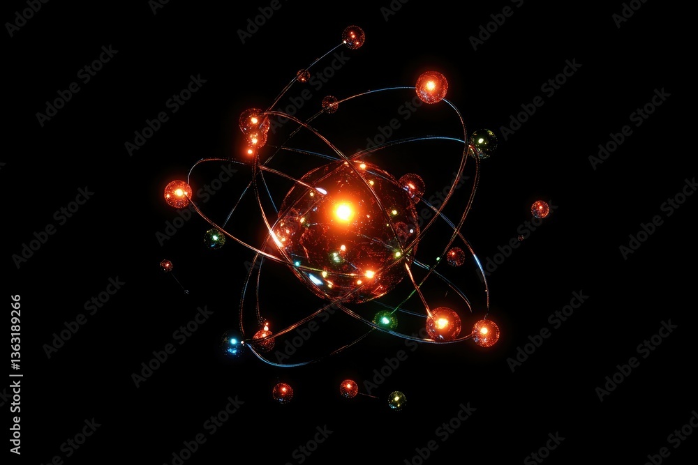 Poster atom model with glowing electrons orbiting nucleus on black background