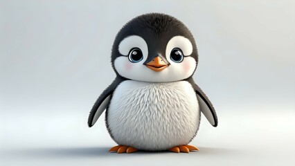 Fototapeta premium Adorable 3D rendered baby penguin chick, fluffy white and black fur, big blue eyes, cute expression, isolated on a light grey background. Perfect for children's books, websites, or cards.