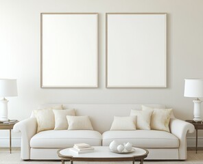 Fototapeta premium Two blank frames above a white sofa in a minimalist living room.