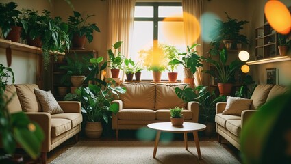Cozy living room filled with indoor plants creating a serene atmosphere during daylight hours