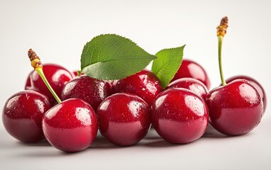 Fresh red cherries with green leaves on white background