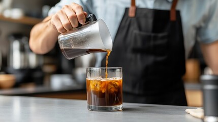 Close up of a person pouring dark coffee over ice into a rocks glass. The setting appears to be a cafe counter