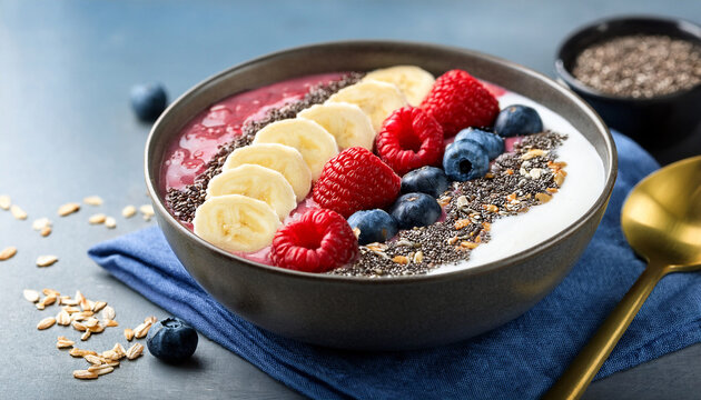 smoothie bowl made with blended mixed berries banana and greek yogurt the bowl is topped with flaxseeds chia seeds fresh blueberries