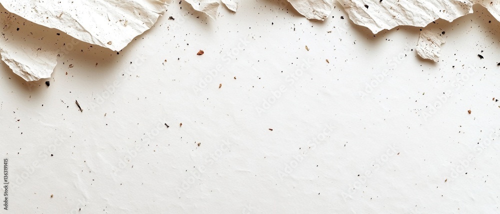 Poster delicate white paper texture with subtle specks and torn edges creating a minimalist and artistic ba