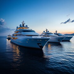 Luxury Yachts at Dusk: A Serene Evening on the Water with Elegant Vessels and Stunning Sunset Reflections.