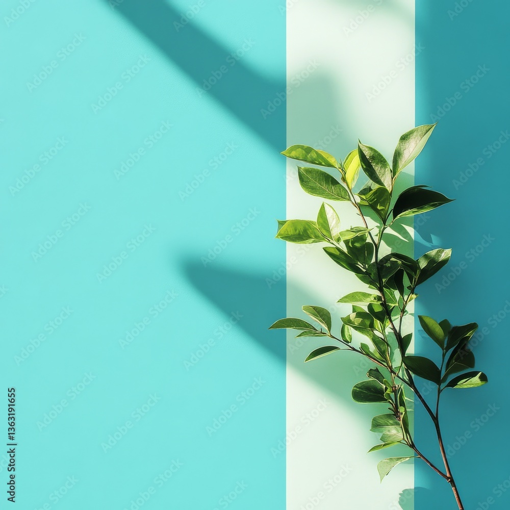 Poster minimalist greenery: branch and shadow on teal and white, modern botanical composition